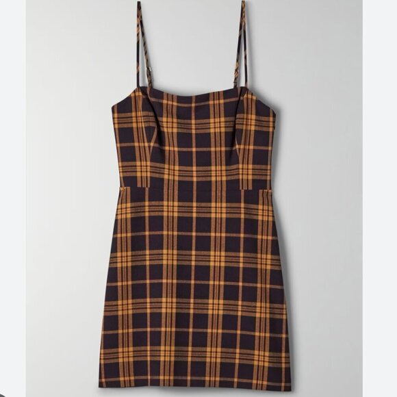 Aritzia Wilfred New Classic Isabelle Check Plaid Mini Dress Black Yellow Size 8 - Picture 3 of 7